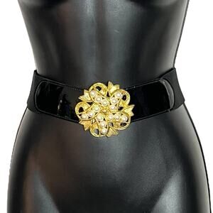 VINTAGE GOLD & PEARL STRETCH BELT 1970s 1990s RETRO ELASTIC WIDE CHUNKY SIZE M
